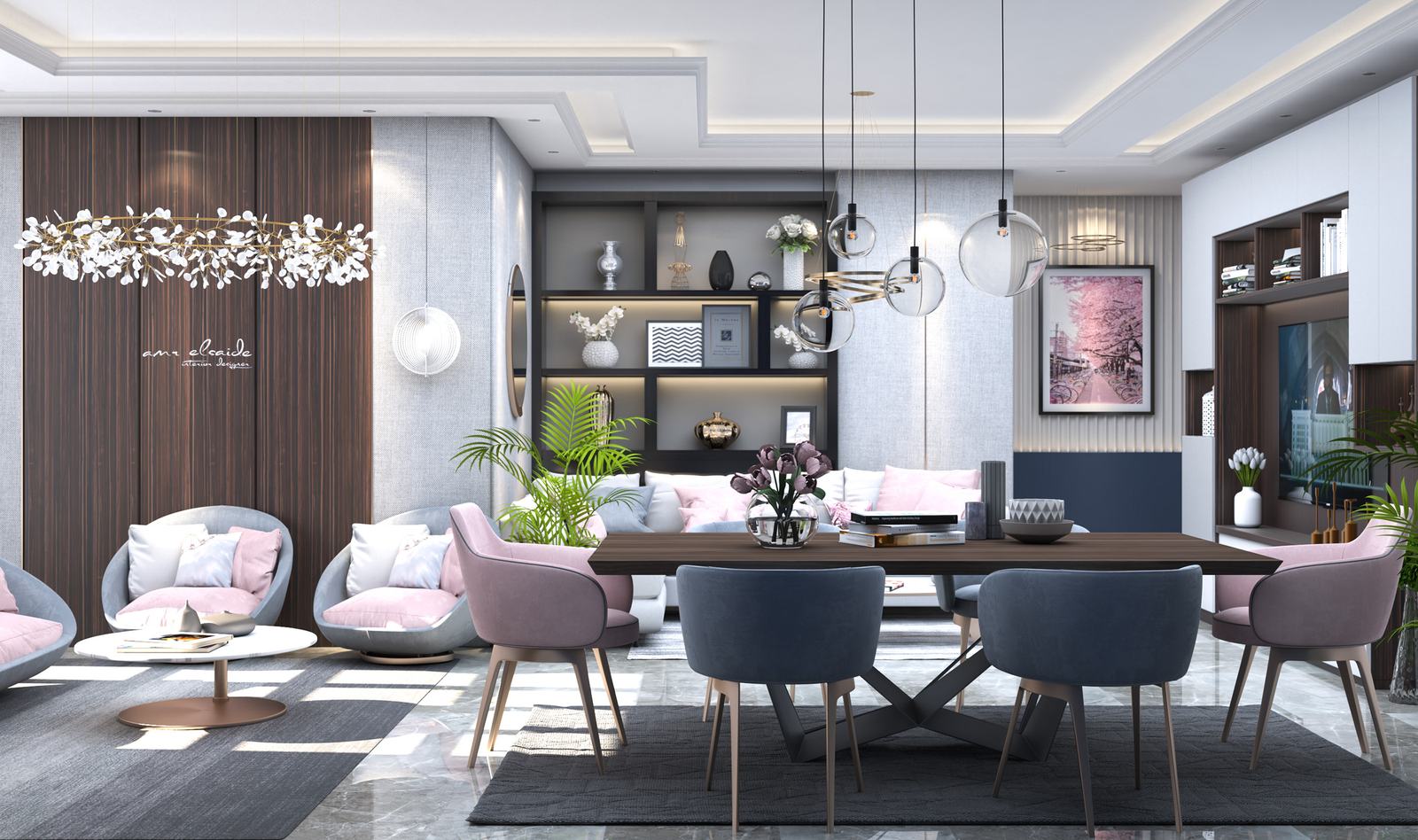 Living and dining area completed by an interior designer in Greater Noida with open plan layout and warm lighting