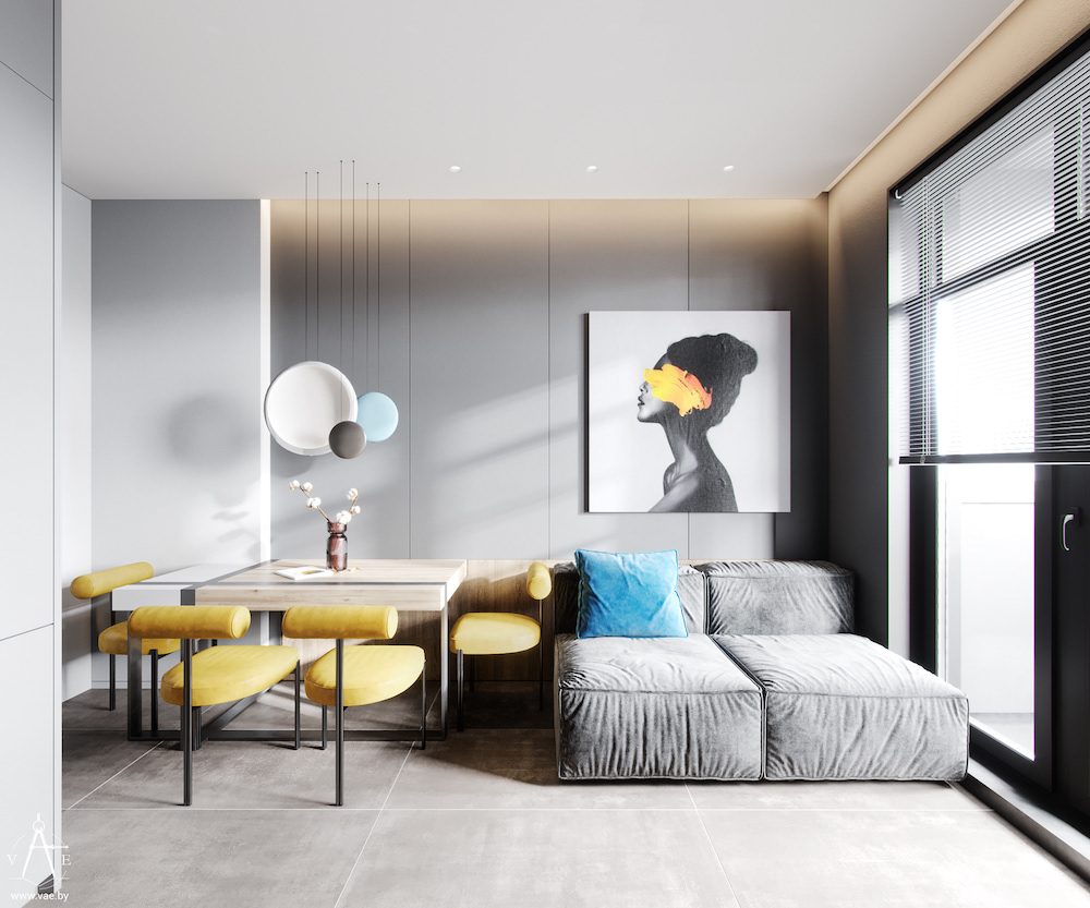Living room completed by an interior designer in Noida with L-shaped sofa, wooden coffee table and layered ceiling lighting